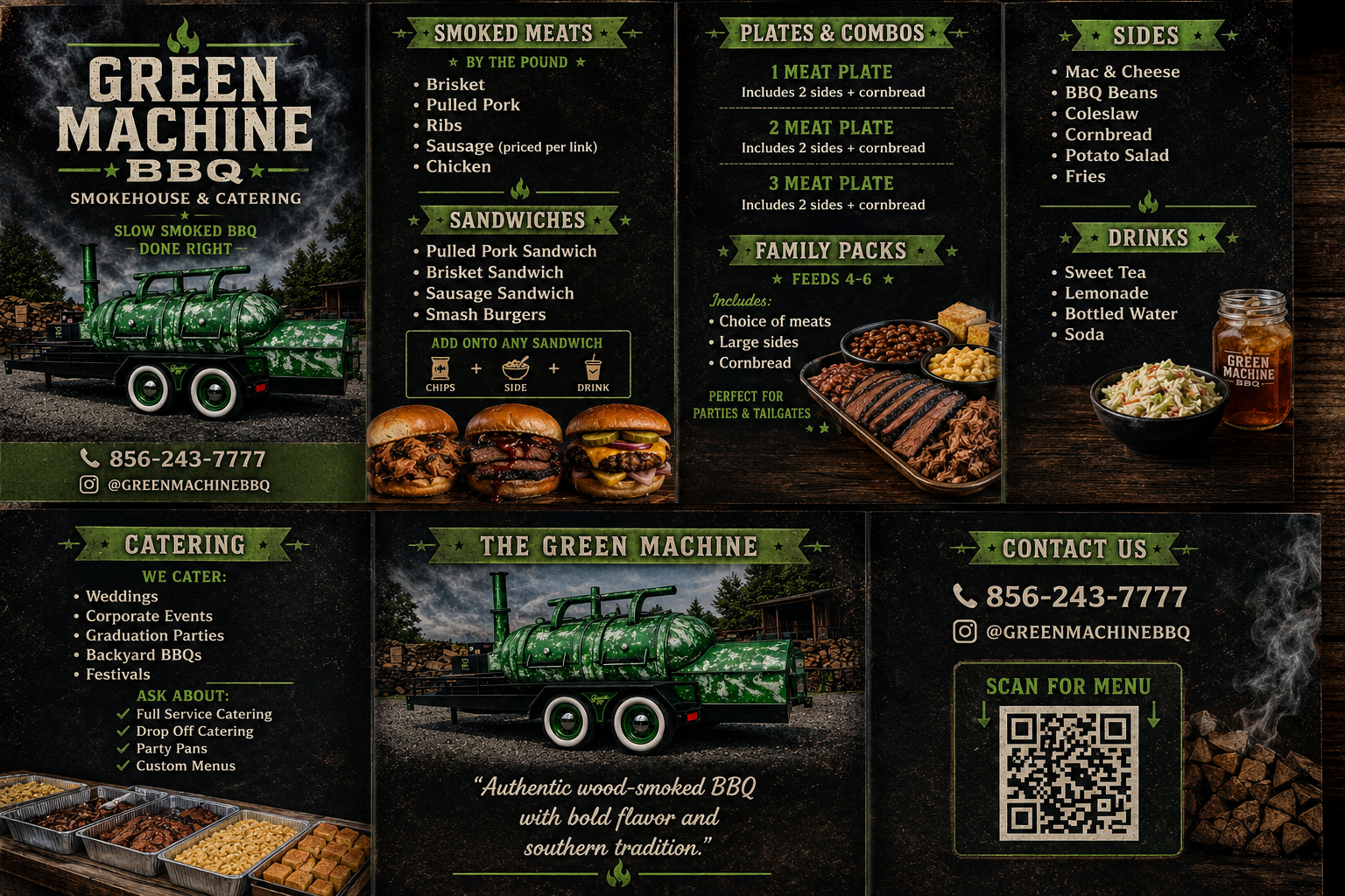 Green Machine BBQ smoker and menu flyer